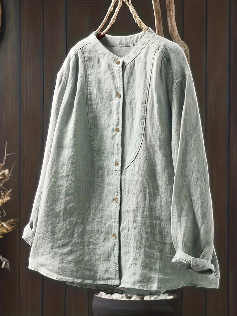Autumn 2025 Casual Retro Linen Stand Collar Cardigan Shirt
