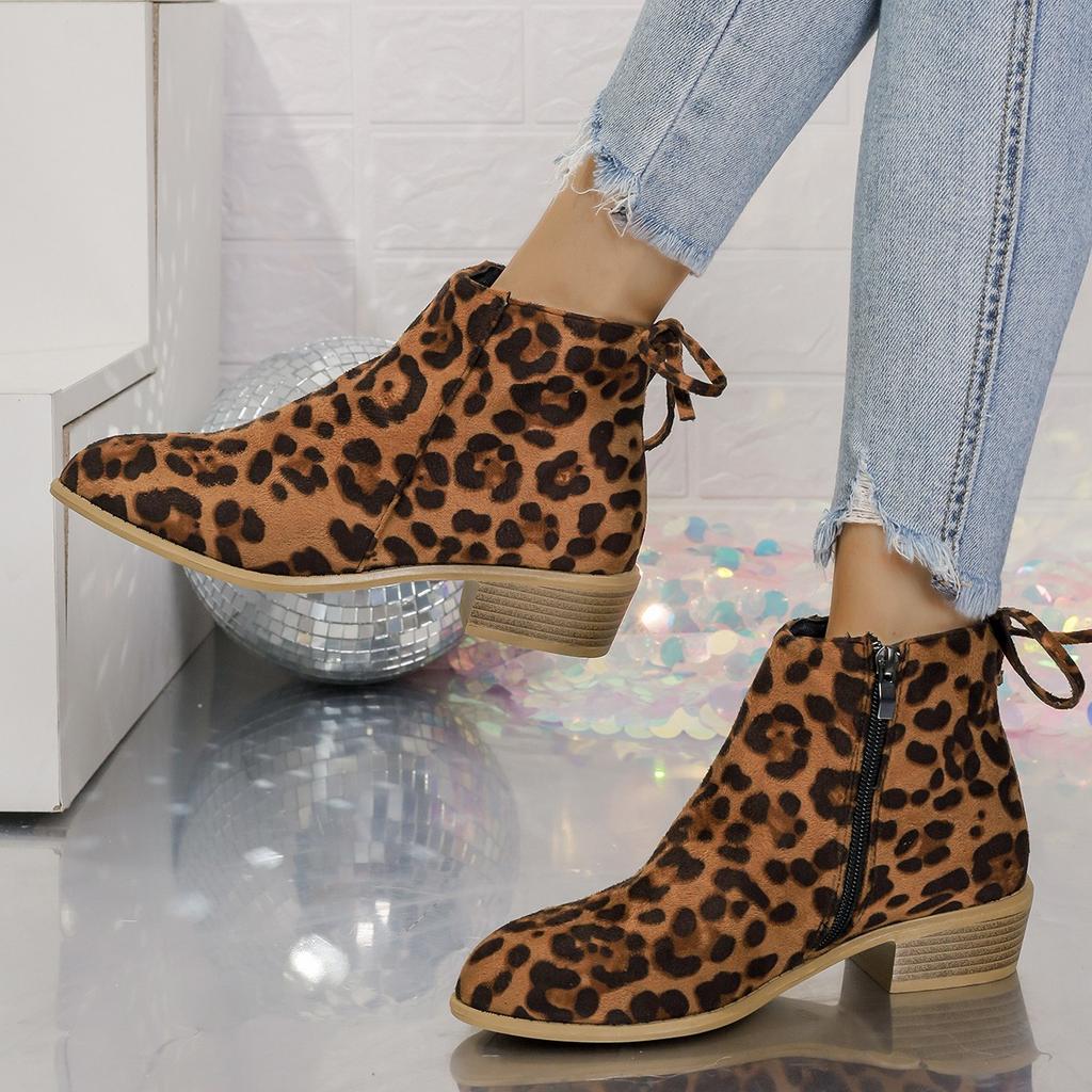 Leopard Print Women Ankle Boots Female Fashion Elegant Dancing Party Prom Shoes Woman Square Mid Heel Women's Modern Short Boots