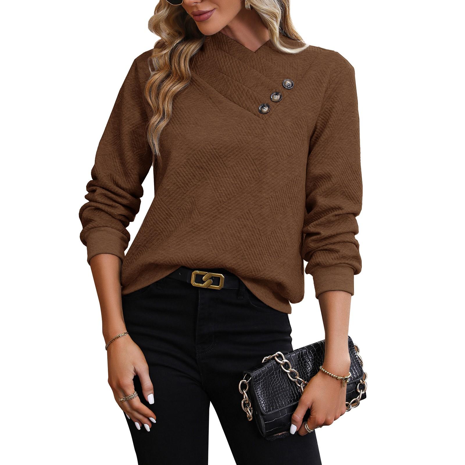

Женский осенний повседневный однотонный пуловер с длинными рукавами и v-образным вырезом на пуговицах, толстовка L коричневый