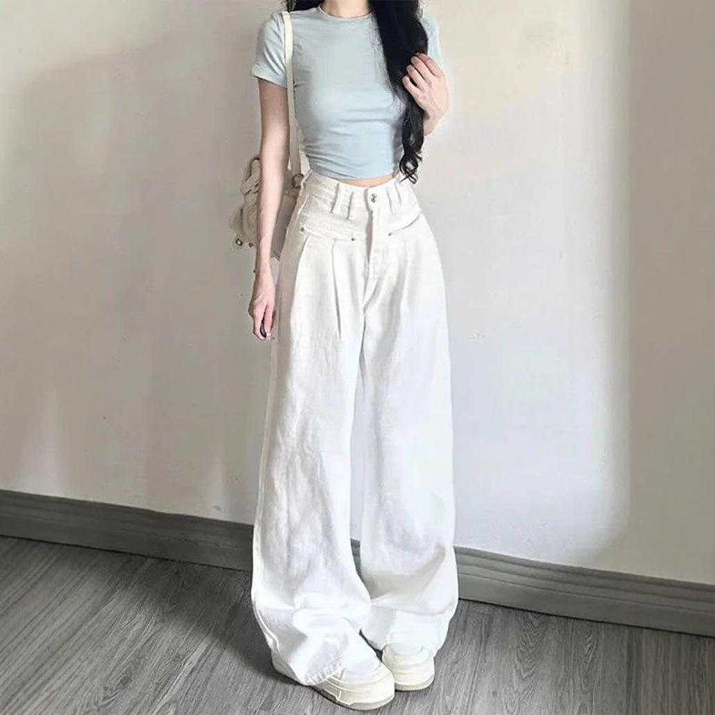 

Удобные широкие джинсы с отворотами, белые, с высокой посадкой, женские, свободные, повседневные, универсальные, облегающие, прямые брюки, джинсы для женщин, длинные джинсовые брюки XS