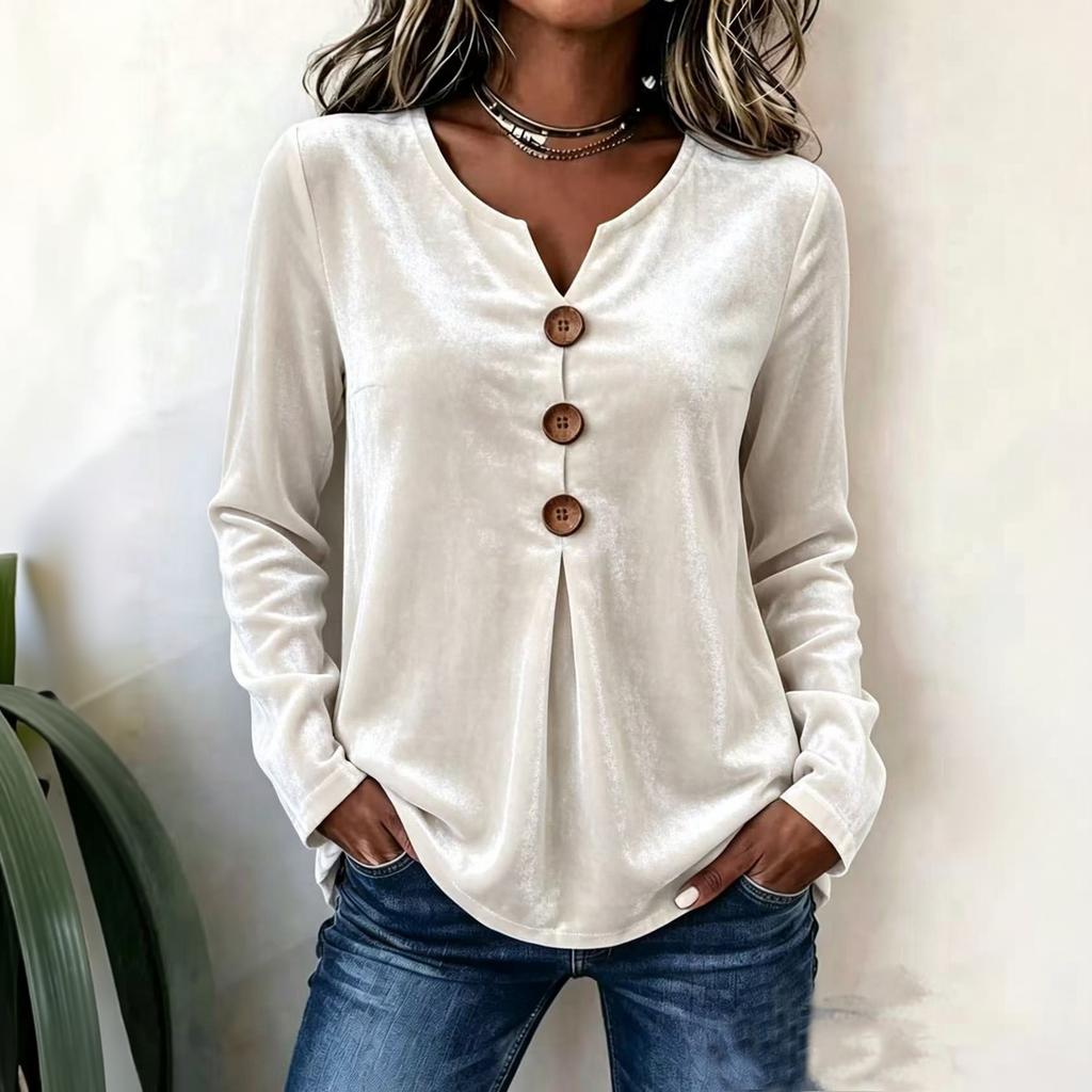 Women's Velvet V-Neck Button Front Long Sleeve Tunic Top - Elegant Dressy Blouse for Fall Winter