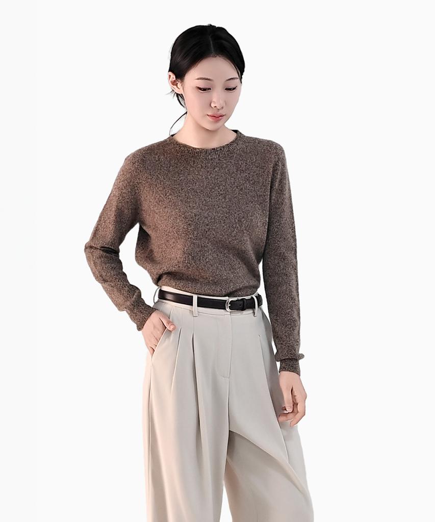 Keulleiseu 100% Wool Heather Round Neck Knit Sweater_Brown