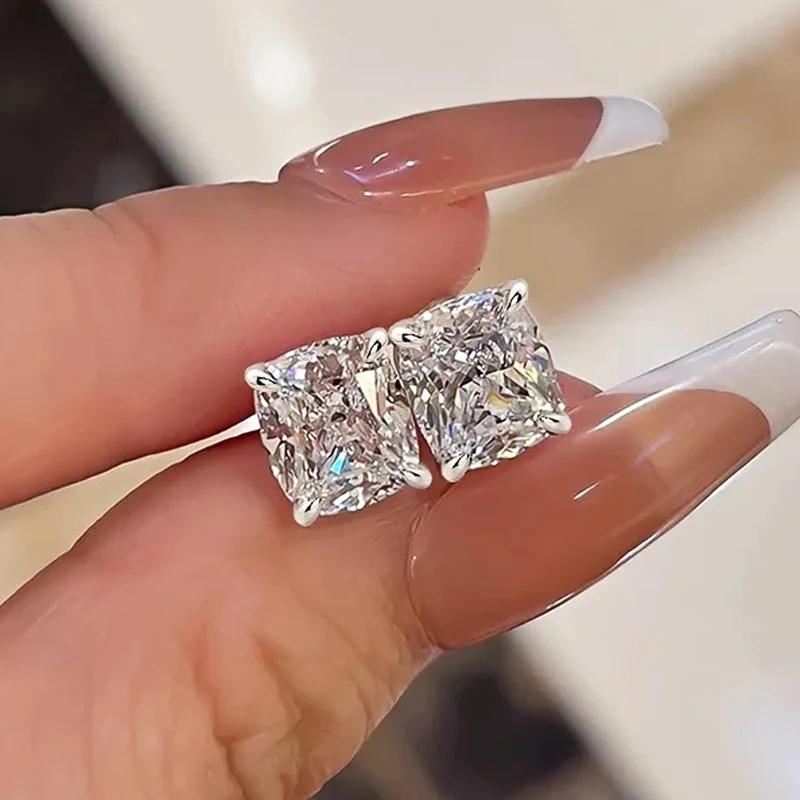 Simple 925 Sterling Silver Square White Cubic Zirconia Stud Earrings Classic Women's Elegant Jewelry