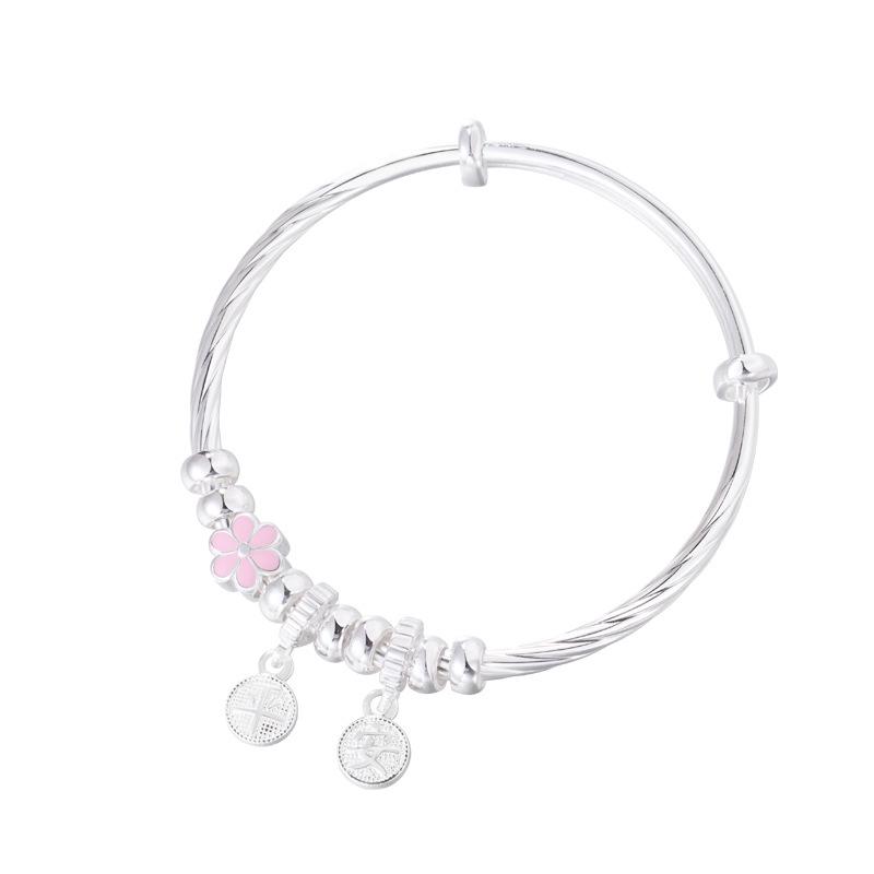 Sterling Silver Flower Peace Push-Pull Bracelets for Kids - Solid Enamel Design, Medium & Large Sizes Available.