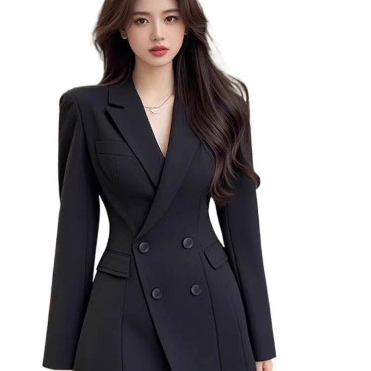 Black Slim Fit Mid-Length French Suit Jacket - Spring & Autumn Korean Style Fashion