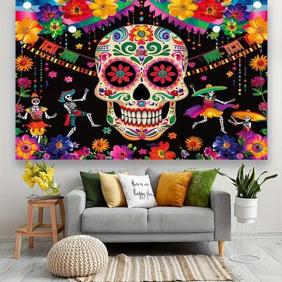 2D Mexican Day of the Dead Wall Art, Sugar Skull & Floral Tapestry for Halloween and Fiesta Party Decor