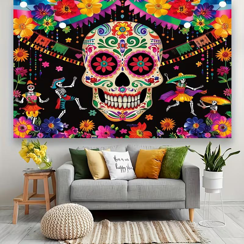 

2D Mexican Day of the Dead Wall Art, Sugar Skull & Floral Tapestry for Halloween and Fiesta Party Decor 47.2x31.5inch/120*80cm