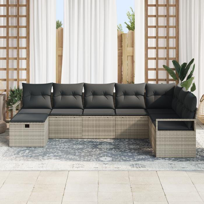 Ensemble de Canapés de Jardin 8 Pièces avec Coussins Gris Clair en Poly Rattan, Canapé de Jardin 2 Places avec Rangement 3360563