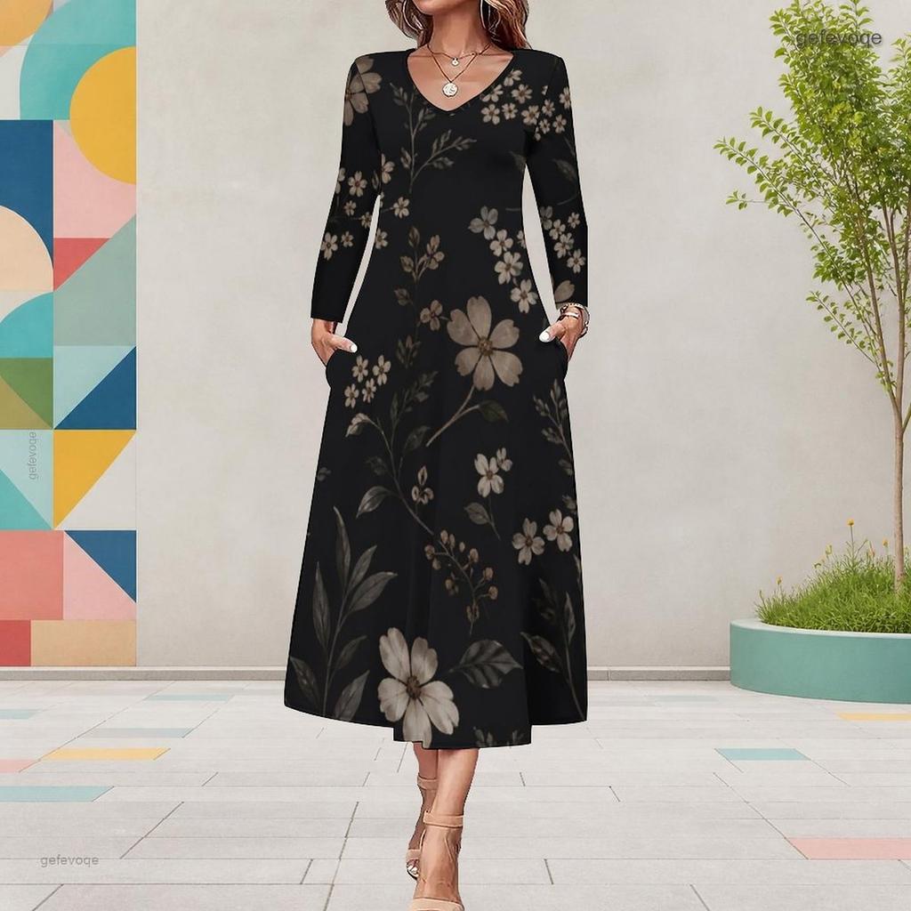Women Plus Size Black Floral Printed Long Sleeve Round Neck A Line Midi Dress With Pockets