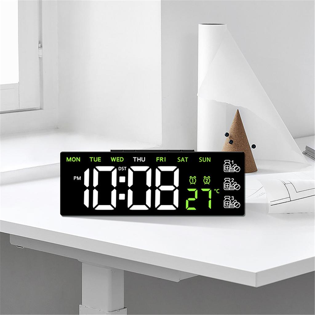 Modern LED Digital Alarm Clock With Pill Reminder And Brightness Adjustment Temperature Display For Home Office Decors