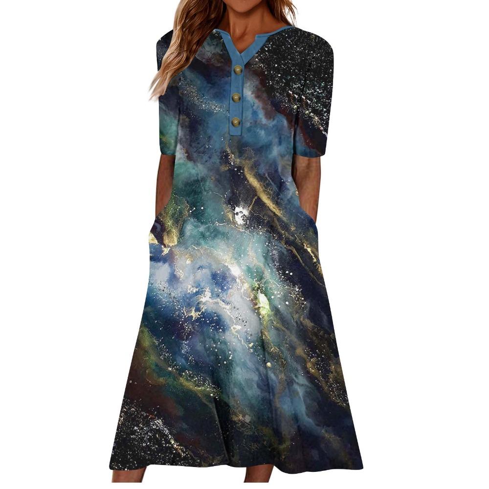 Women's V‑Neck Button Short Sleeve Midi Dress Loose Printed Casual Dress With Side Pockets