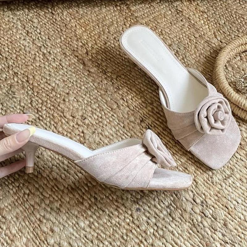 Fashion Summer Fashion Pleated Floral Slippers Women Sexy Square Toe Kitten Heel Slide Sandals Elegant Comfortable Brand Designer Shoes