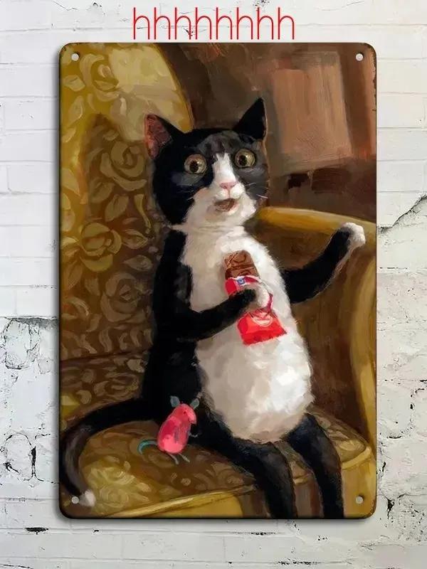 Vintage Tabby Cat Wall Art Aluminum Metal Painting Lollipop Knife Decor 20x30cm