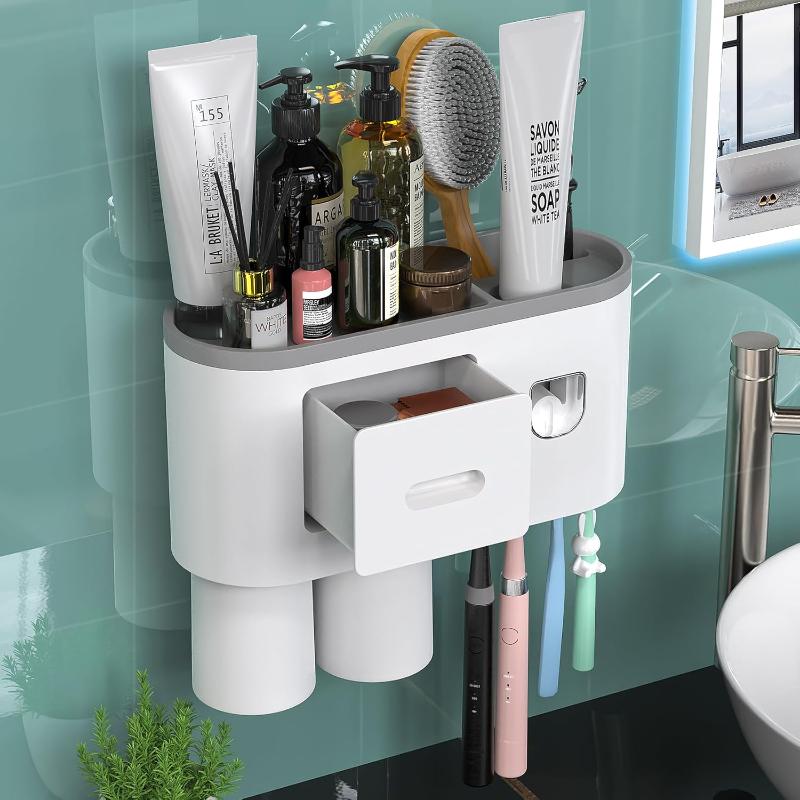 Toothbrush Holder Wall Mounted Automatic Toothpaste Dispenser Squeezer Kit -Magnetic Toothbrush Holder for Bathroom and Vanity