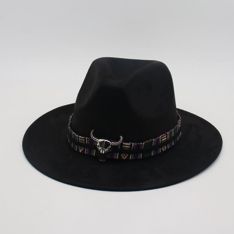 Wind Western Cowboy Hat Horn Woolen Jazz Top Hat Men And Women'S Ethnic Style Felt Hat Big Eaves Hat