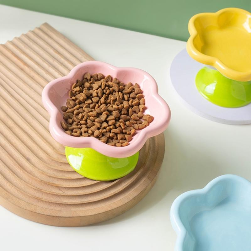 Ceramic Pet Bowl Flower Shape Cats Food Dish Nonslip Elevated Stand Feeding Plate for Neck Protections and Easy Cleaning