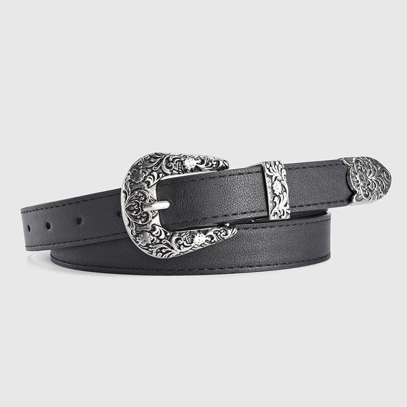Elegant Pu Leather Belt With Alloy Floral Buckle For Women In Classic Vintage Colors