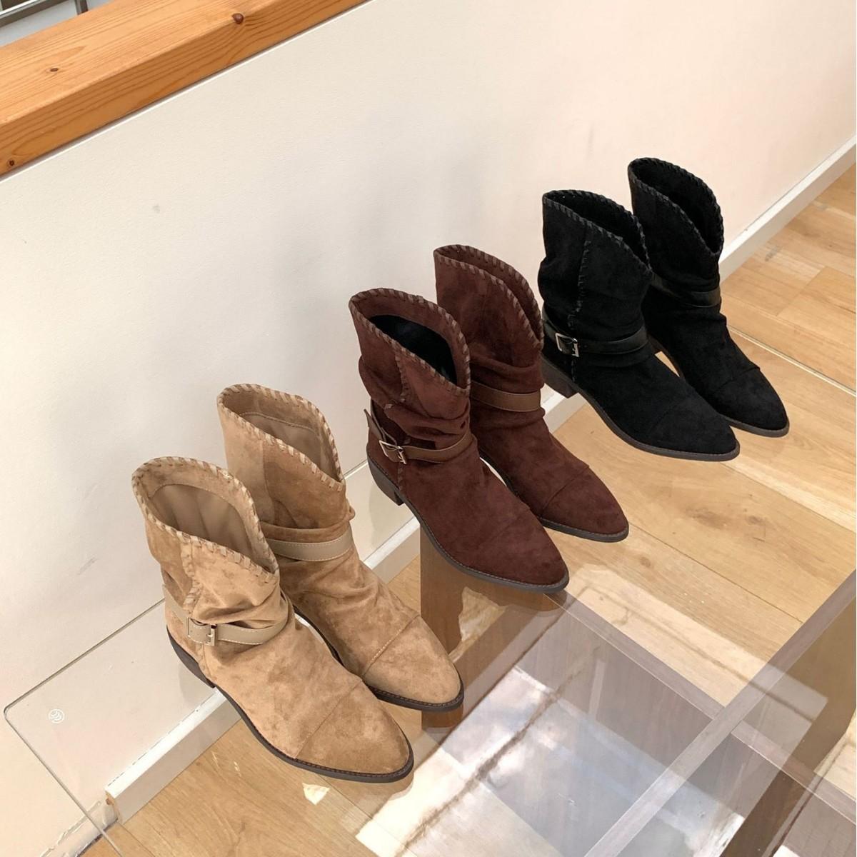 

2025 winter new pointed thin heel pile wide tube versatile fashion Martin belt buckle women s short boots 39 абрикосовый