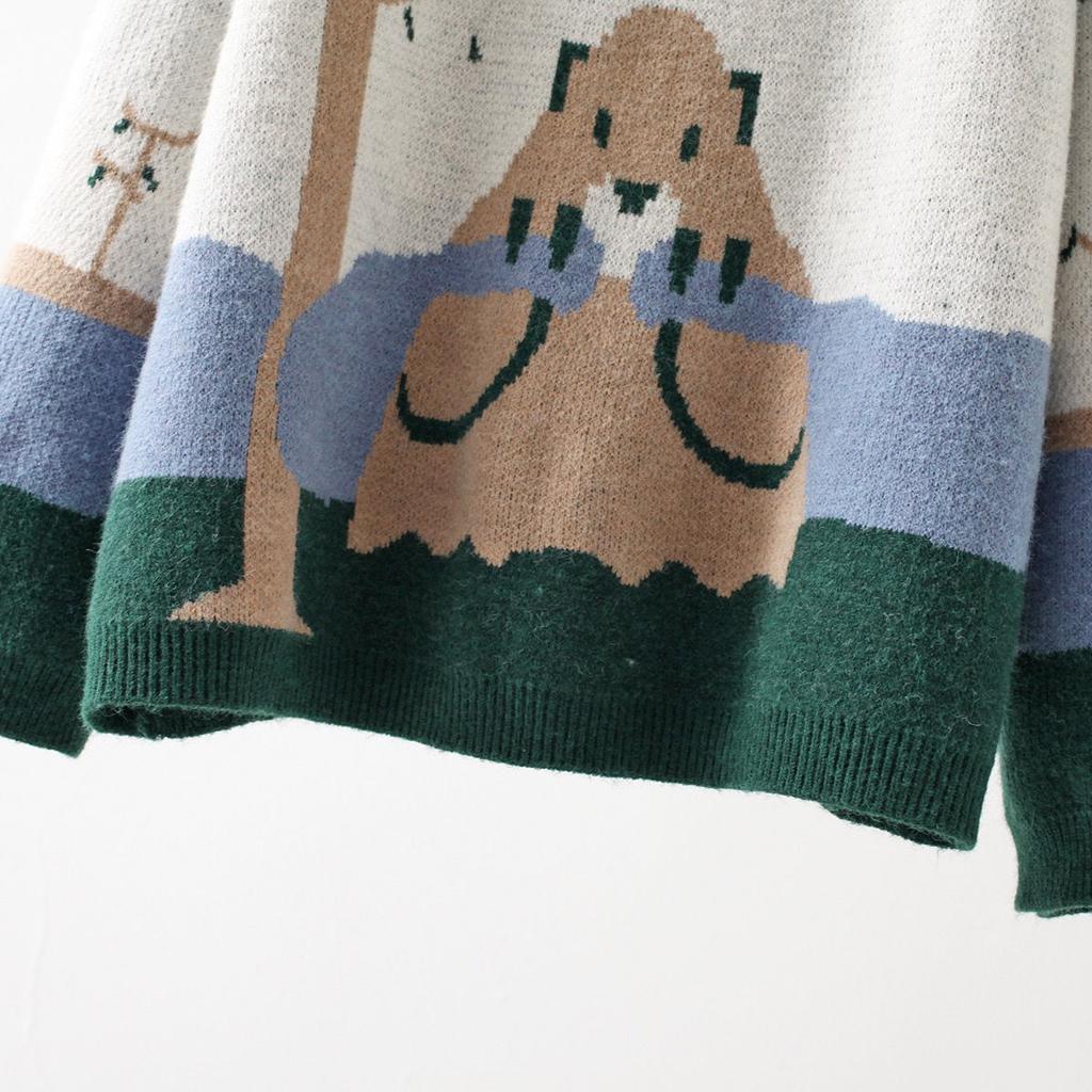 WTEMPO Bear Jacquard Crew Neck Loose Pullover Sweater Large Size Women's Korean Version Knitwear Long Sleeve Jumper