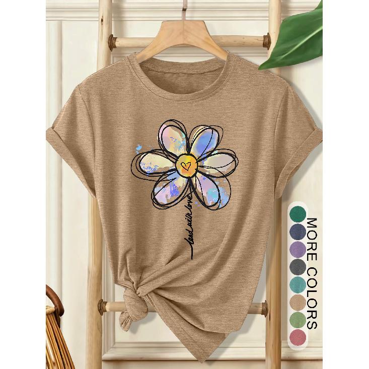 Women's Elegant Style Plus Size Loose Short Sleeve Watercolor Daisy Hand-Painted Print Pattern Round Neck Women's Comfortable Soft Breathable New