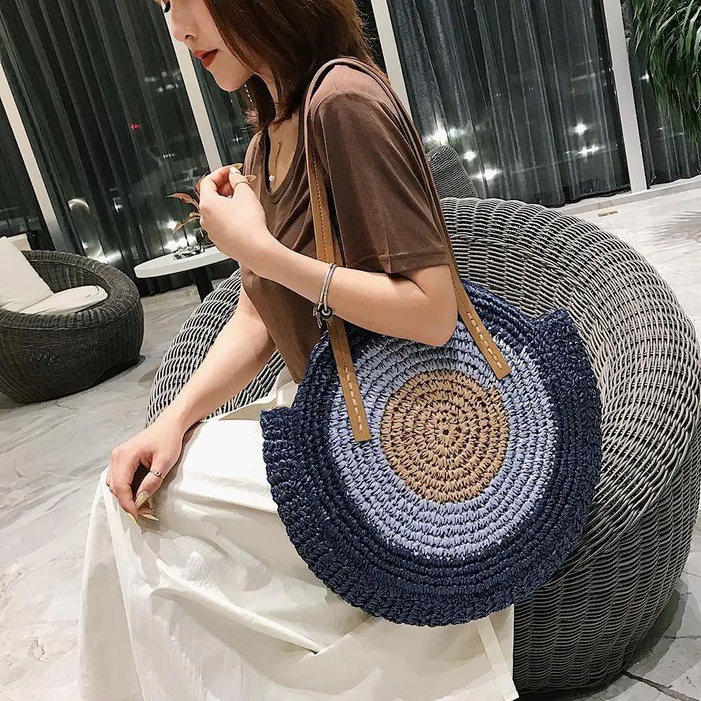 Women Fashion Woven Handbag Round Straw Woven Tote Bag Vacation Shoulder Bag Large Capacity Ethnic Style for Travel Vacation