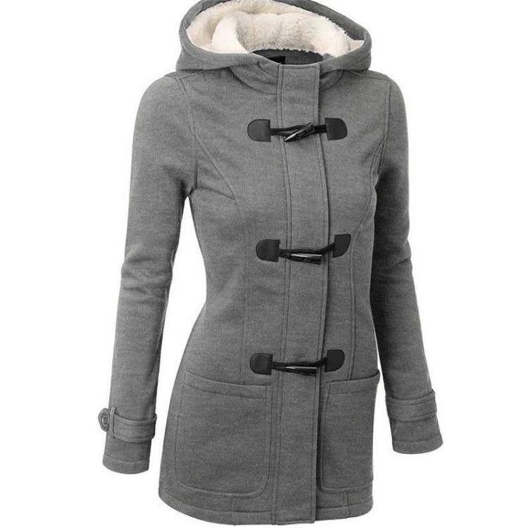 Winter Women Coat Hooded Thick Cotton Blend Jacket Cow Horn Button Autumn