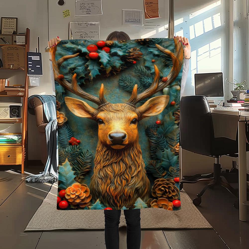 1Pc Vintage Deer Art Print Flannel Blanket, High Quality Comfortable for All Seasons, Home Decor, Warmth and Comfort, Perfect for Gifts