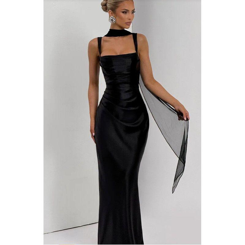 European and American Style Sleeveless Green Satin Backless Dress with Tie-Up Skirt Maix Dress New