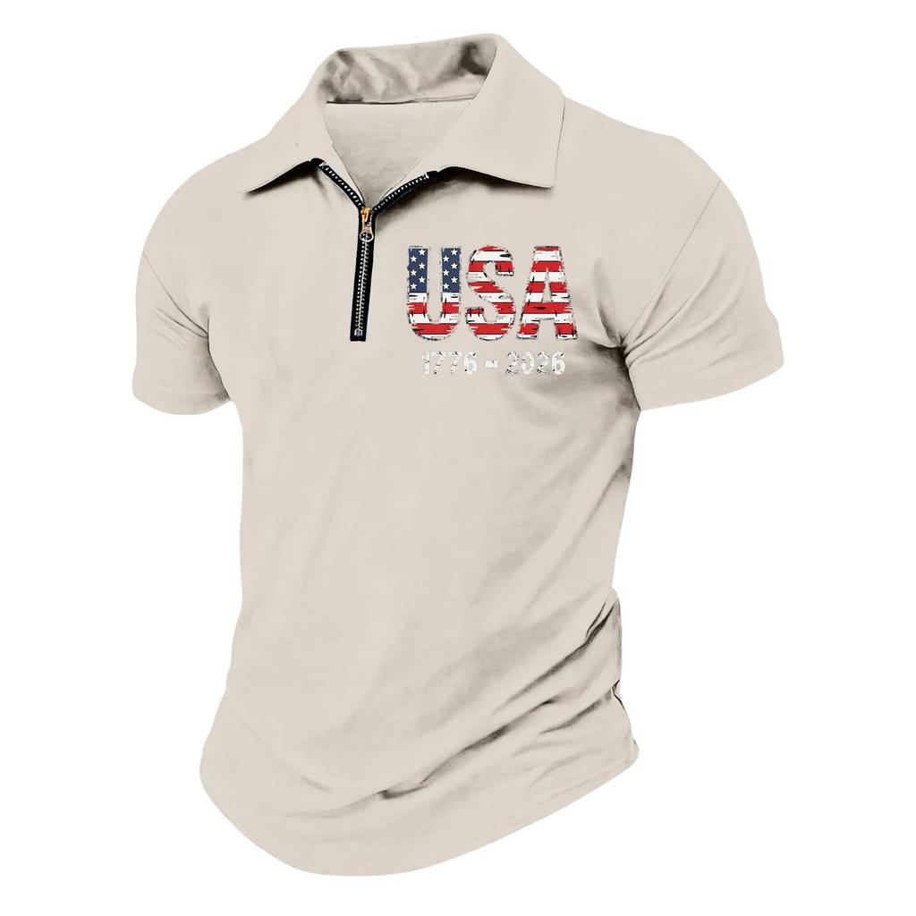 Men’s Short Sleeve Polo Shirt with Zipper Collar USA Letter Print 1776-2026 Casual Lightweight Top for Everyday Wear