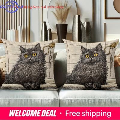 2D Flat Printing Gray Cat Patterned Cushion Covers For Home Decor Polyester Pillowcase Sofa Decorative Cushion Cover