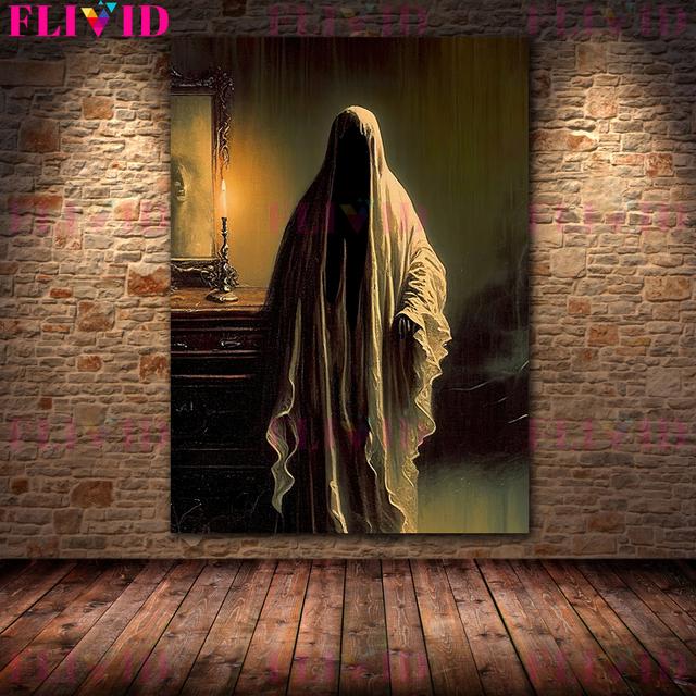 Ghost House and Gothic Witch, Antique Wall Oil Painting, Retro-decoration of the Witch's Room, Art Poster