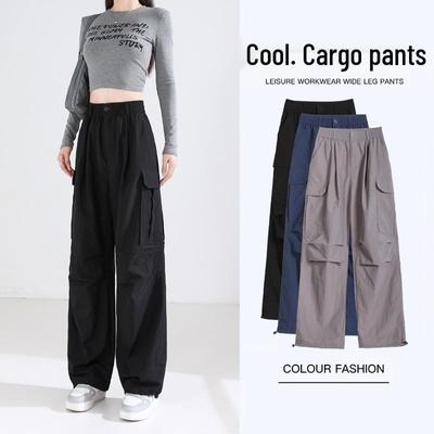 Women's Black American-Style Cargo Jogger Pants - Fall 2025, Small Size, Cool Wide-Leg Design.