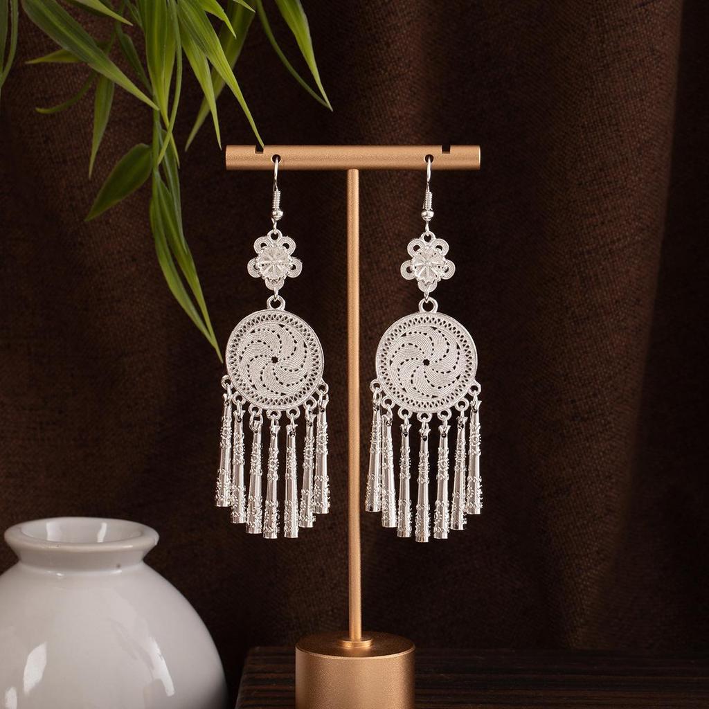 Miao Silver Tassel Earrings: Ethnic Style, Fashionable Exaggeration, Light Luxury Design