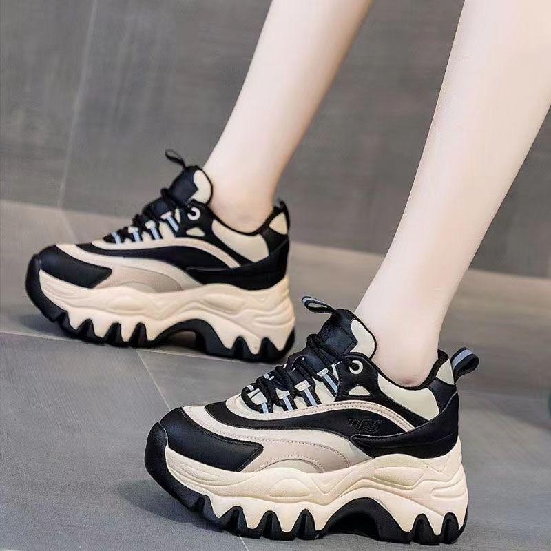 Sneakers Women Casual White Shoes 8CM Fashion Height Increasing Thick Bottom Spring Platform Leather Woman Chunky Sneakers 2025