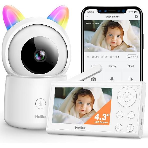 Baby Monitor, 4.3  Video Baby Monitor with 1080P Camera, Smart 2.4G WiFi Audio Monitor with Remote PTZ, Night Vision, 2-Way Talk, Sleep Mode, RGB White- 1 Cam & Monitor