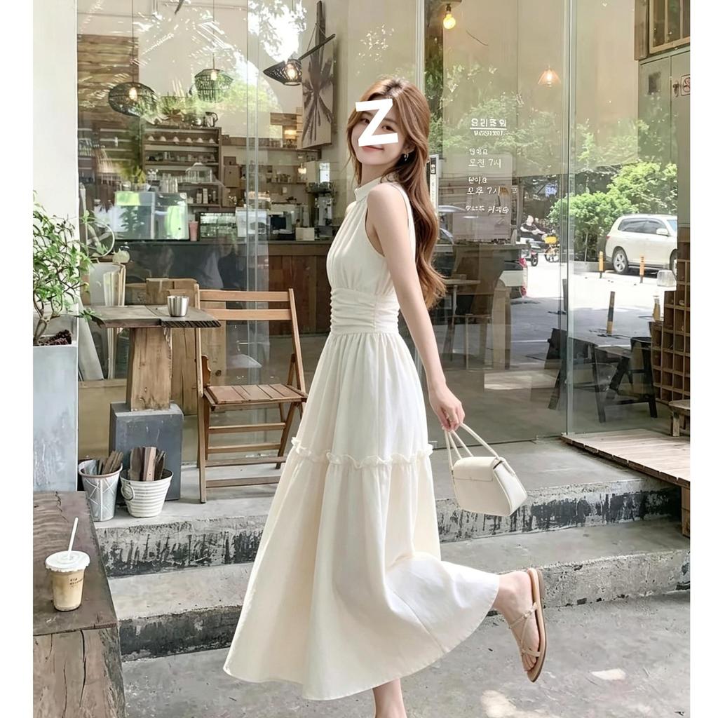 New summer white dress for women, neck, waist folds, thin, pure desire style temperament, big swing dress