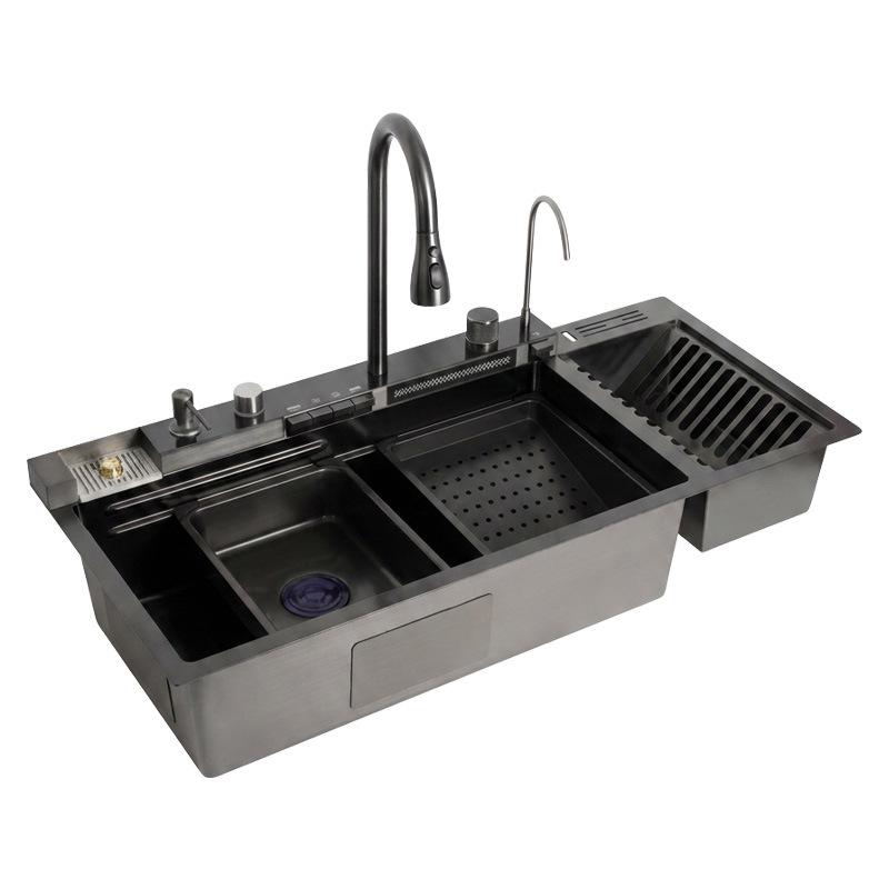 Whale Waterfall Rain Spray Large Single Bowl Sink with Draining Rack and Stainless Steel Vegetable Washing Basin
