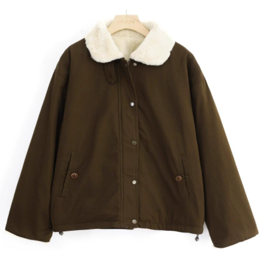 Johnature Women Vintage Warm Winter Coats Solid Color Long Sleeve Zipper Pockets Female Coats