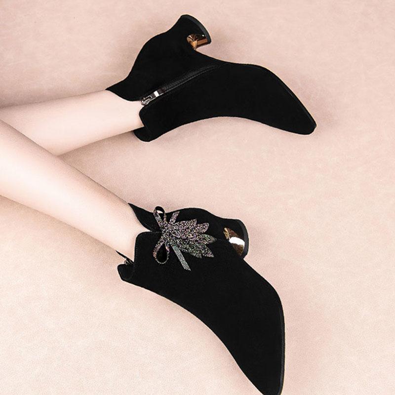 Echtes Leder Mittelhohe kurze Stiefel Damen Dicker Absatz Plüsch Diamant Scrub Leder Damenstiefel Herbst und Winter