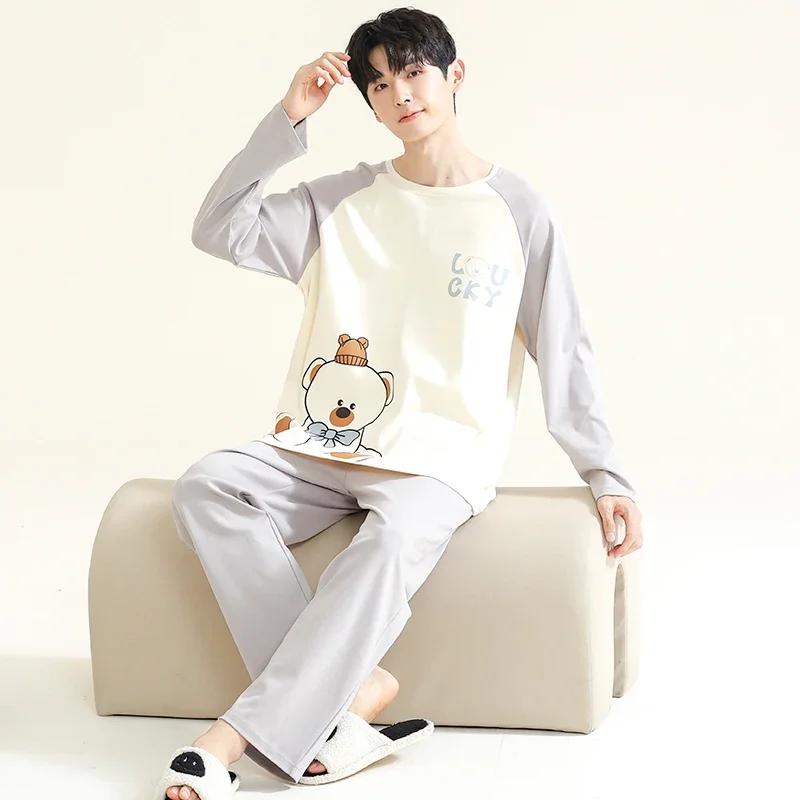 Baumwolle Herren Pullover Nachtwäsche Herbst Frühling Langarm Nachtwäsche 2 Stück Pyjamas Set Männlich