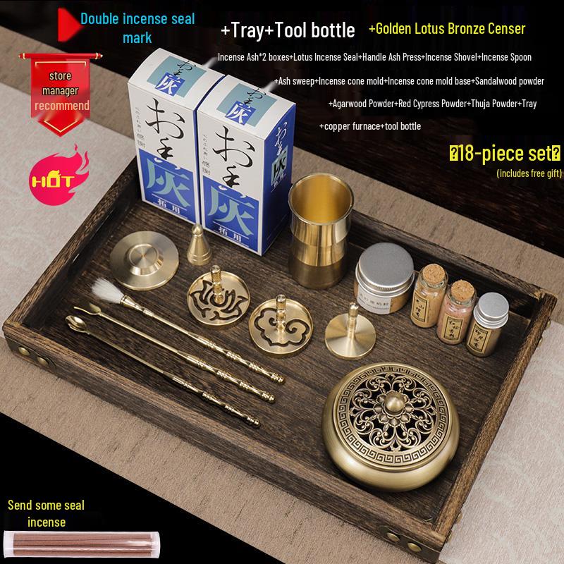 Kodo Set: Brass Ash Press Incense Burner & Pure Incense Powder with Dazuan Seal Mold for Home Use