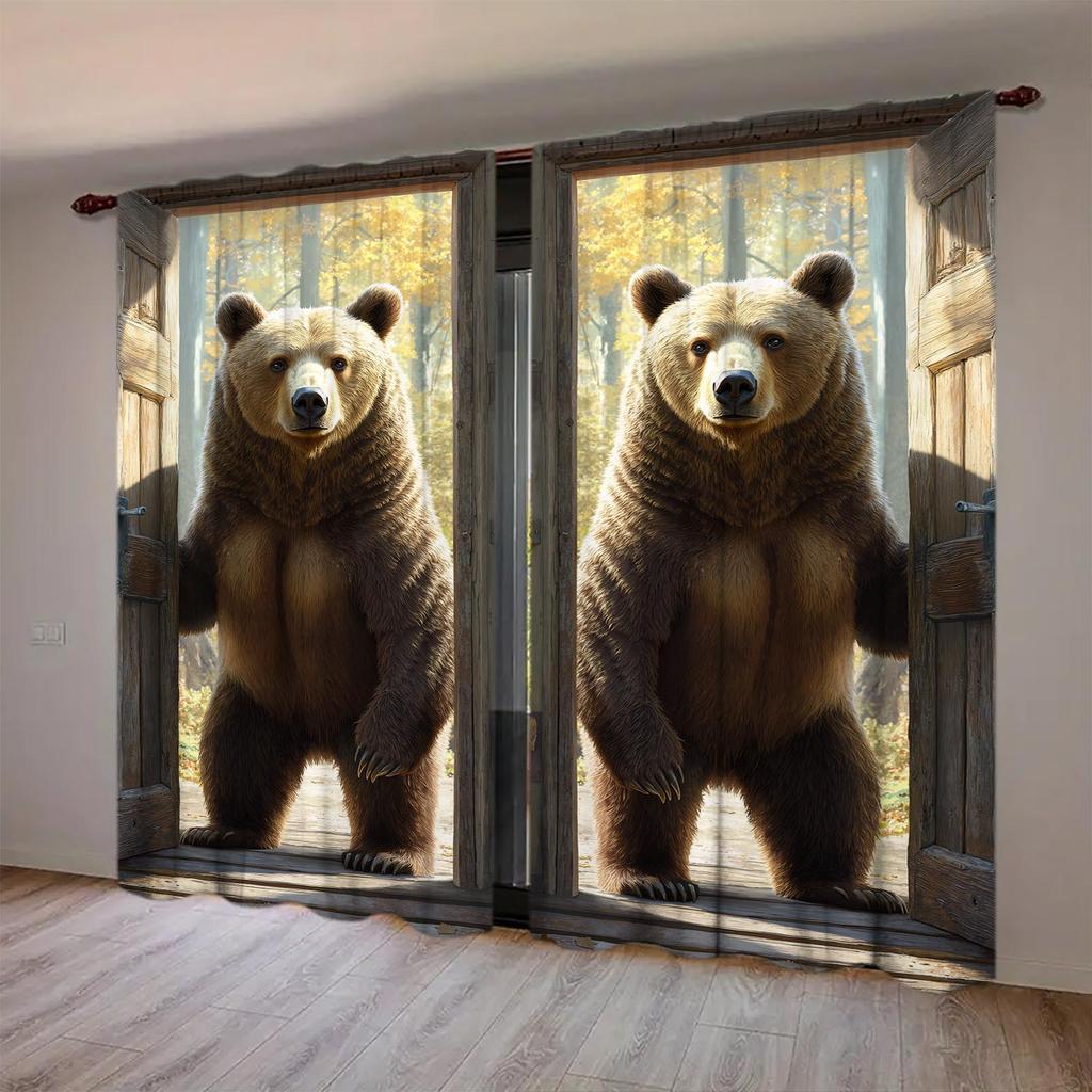 2-Panels Standing Brown Bear Semi Blackout Curtains   Half Blackout Suitable for Artistic Home Decorative Curtains