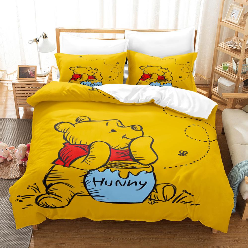 Niedliches Cartoon Winnie the Pooh Dreiteiliges Set 3D-gedruckter Bettdeckenbezug Kissenbezug Bettwäsche-Set Kann bestellt werden