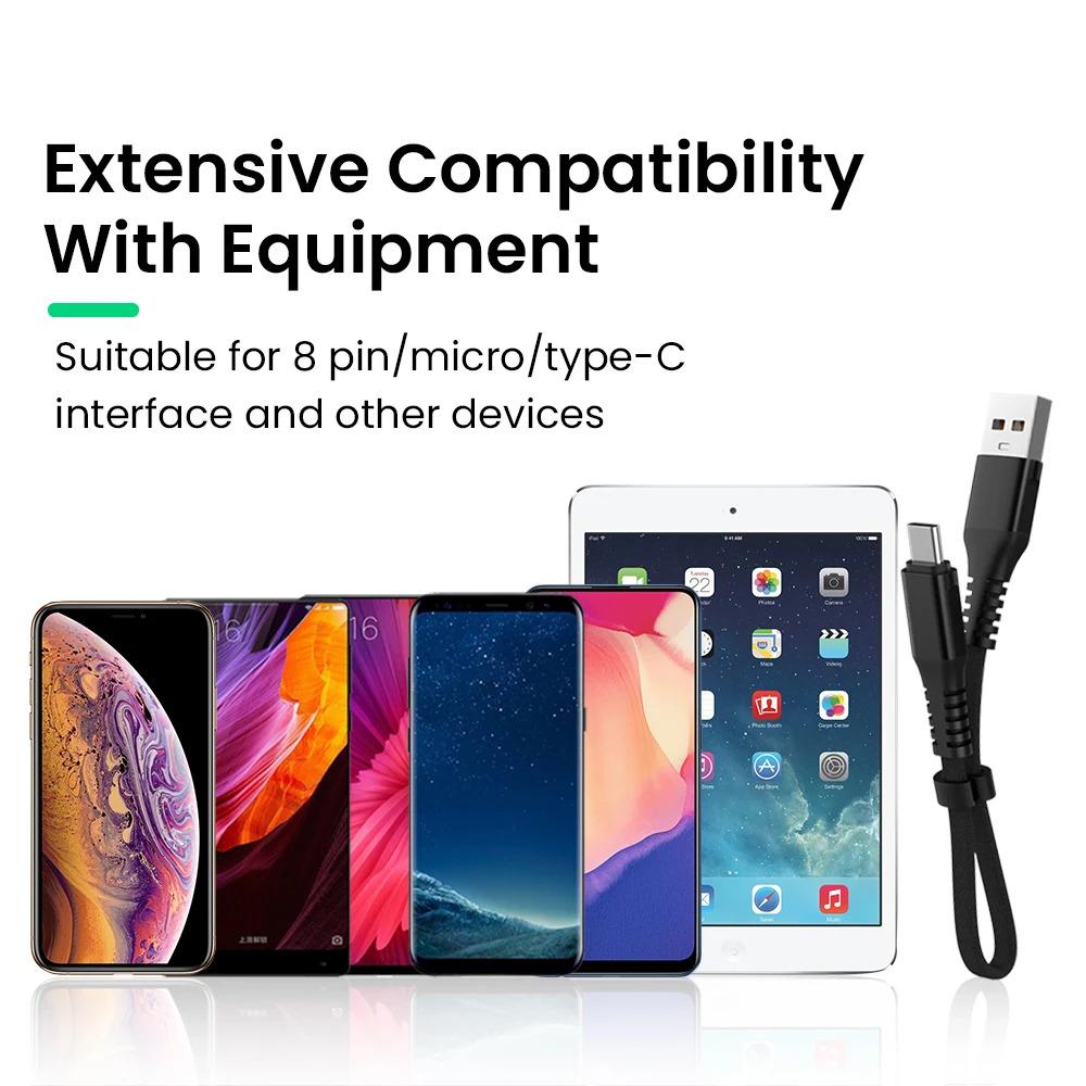 3A Fast Charging USB Cable For iPhone 14 13 12 11 Pro Max 30cm Foldable Micro USB/Type C/8-Pin Quick Charge Wire Short Data Cord