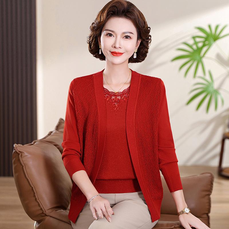 

Elegant Spring Two-Piece Knit Cardigan Set for Women 50+ - 2026 New Style 2XL (110-125 jin) красный