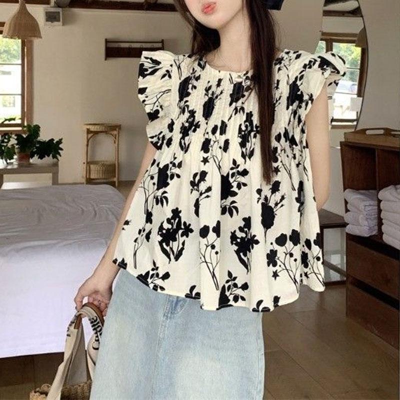 Broken Flowers Flying Sleeve Shirt Women's Clothing Loose Casual Round Neck 2024 Summer Stylish Pleated Vintage Elegant Blouse