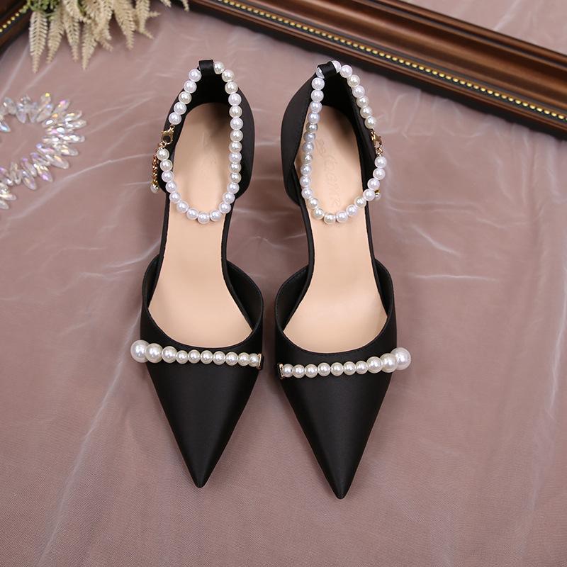 Fashion Elegant Women's High Heeled Pumps Pearl Beaded Ankle Straps Pointed Toe Bride Wedding Shoes Black White Satin Heeled Sandals