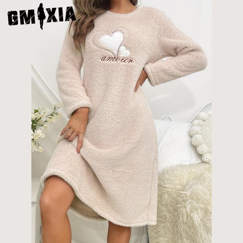 GMXIA Toamnă și Iarnă Femei Roz Dragoste Flanel Mânecă Lungă Îngroșat Set de Cămașă de Noapte Cap în Secțiunea Lungă a Cămășilor de Noapte Drăguțe pentru Acasă