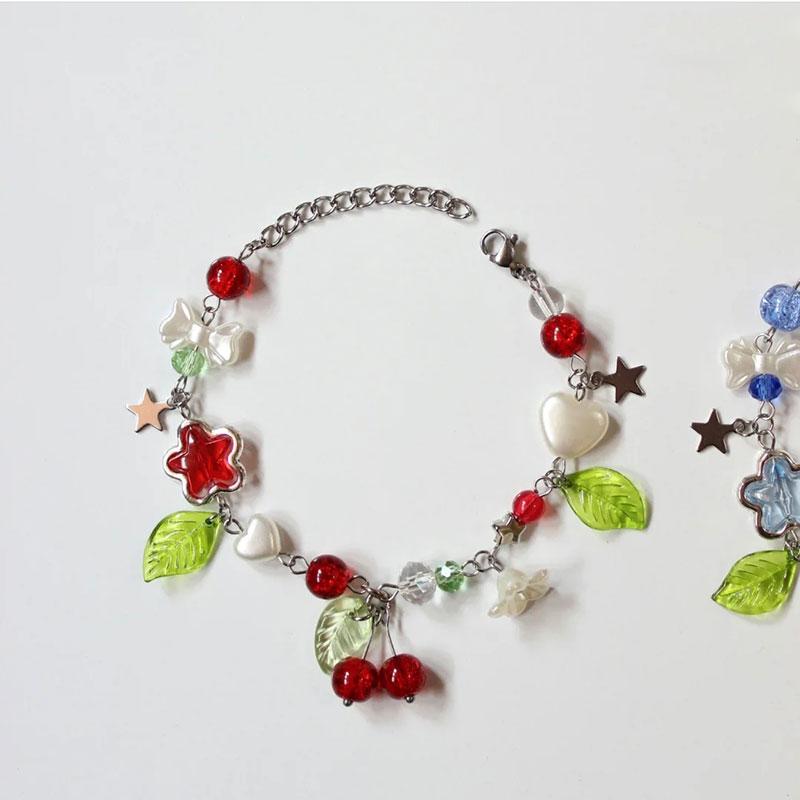 

Браслет из бусин с вишнями, красный и синий, matching fruit jewelry красный
