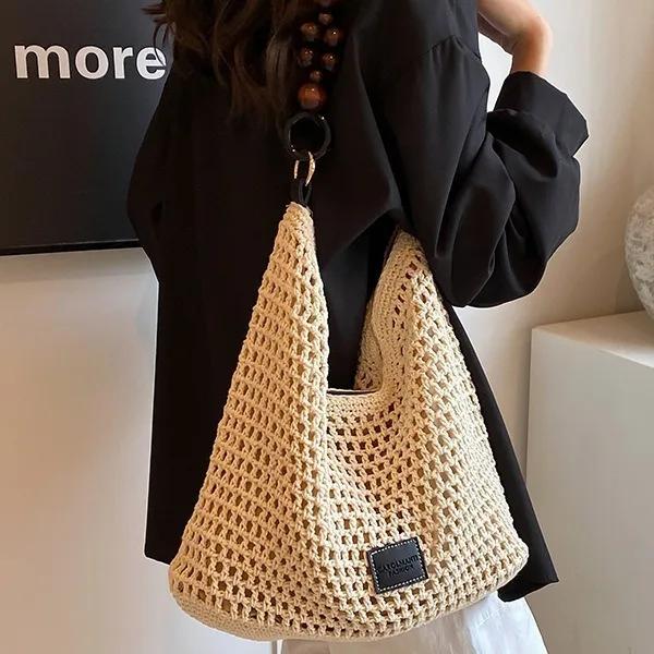 Women's Summer Fashi Hollow Knitted Handbag Ladies Casual Beach Vacati Beach Woven Bags Female Large Capacity Shoulder Bag